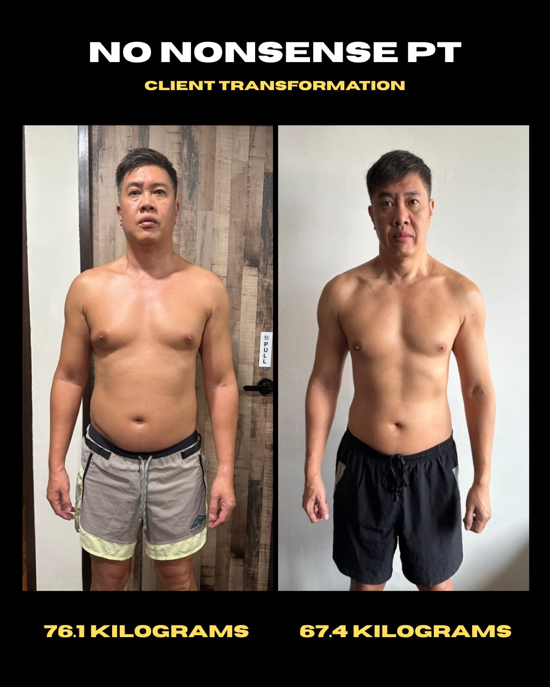 Client progress shared by NNPT: 76.1 kg to 67.4 kg