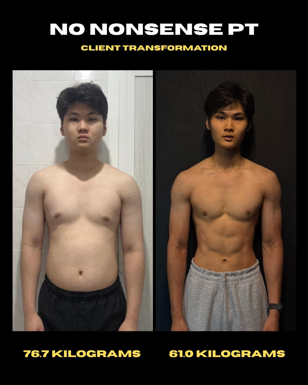 Client progress shared by NNPT: 76.7 kg to 61.0 kg