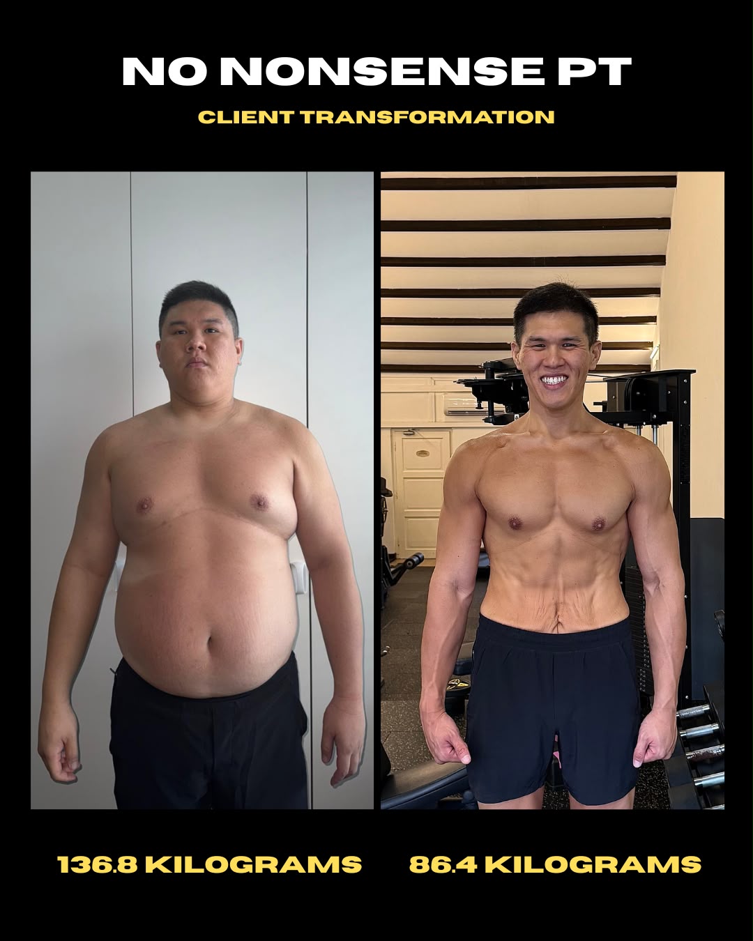 Client progress shared by NNPT: 136.8 kg to 86.4 kg
