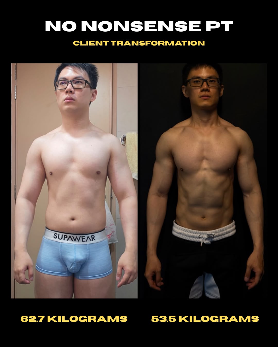 Client progress shared by NNPT: 62.7 kg to 53.5 kg